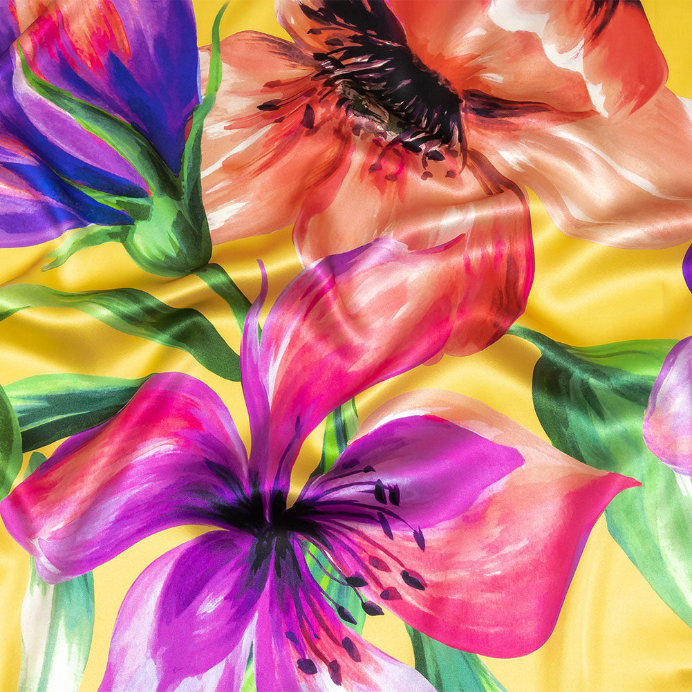 Mood Exclusive Italian Purple, Strawberry Pink and Yellow Lilies Silk Charmeuse - Joann Fabrics