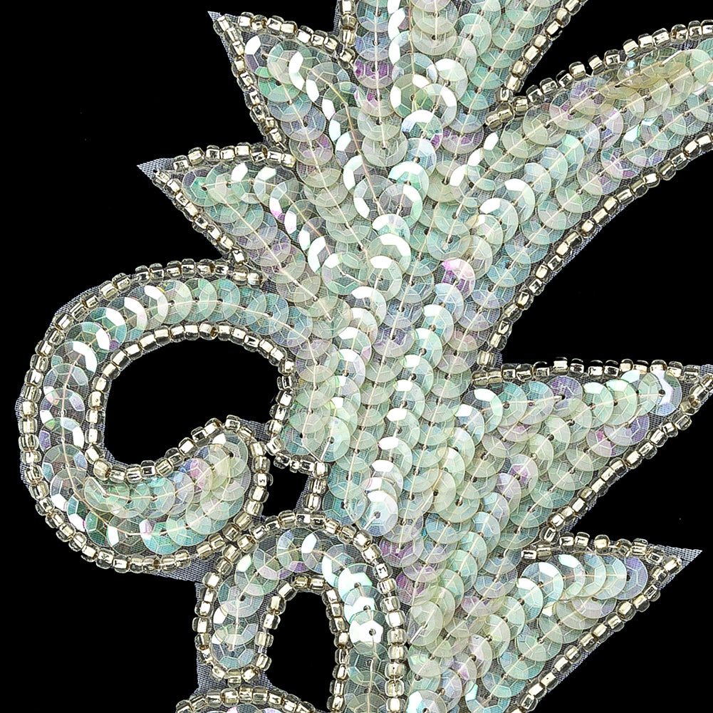 Vintage Translucent Green Iris Sequins and Silver-lined Beaded Foilage Applique - 7.75