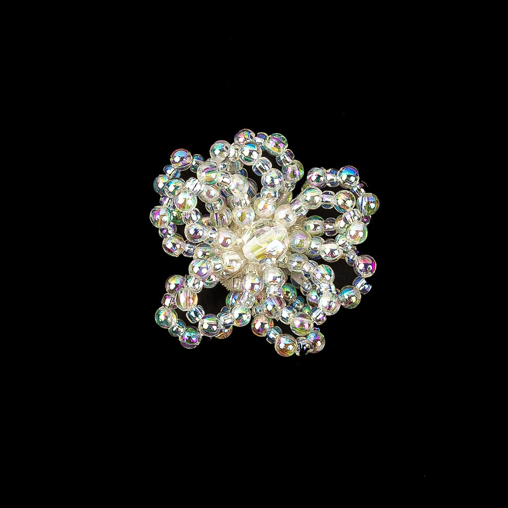 Vintage White Iris Iridescent Beaded Floral Applique - 1.75