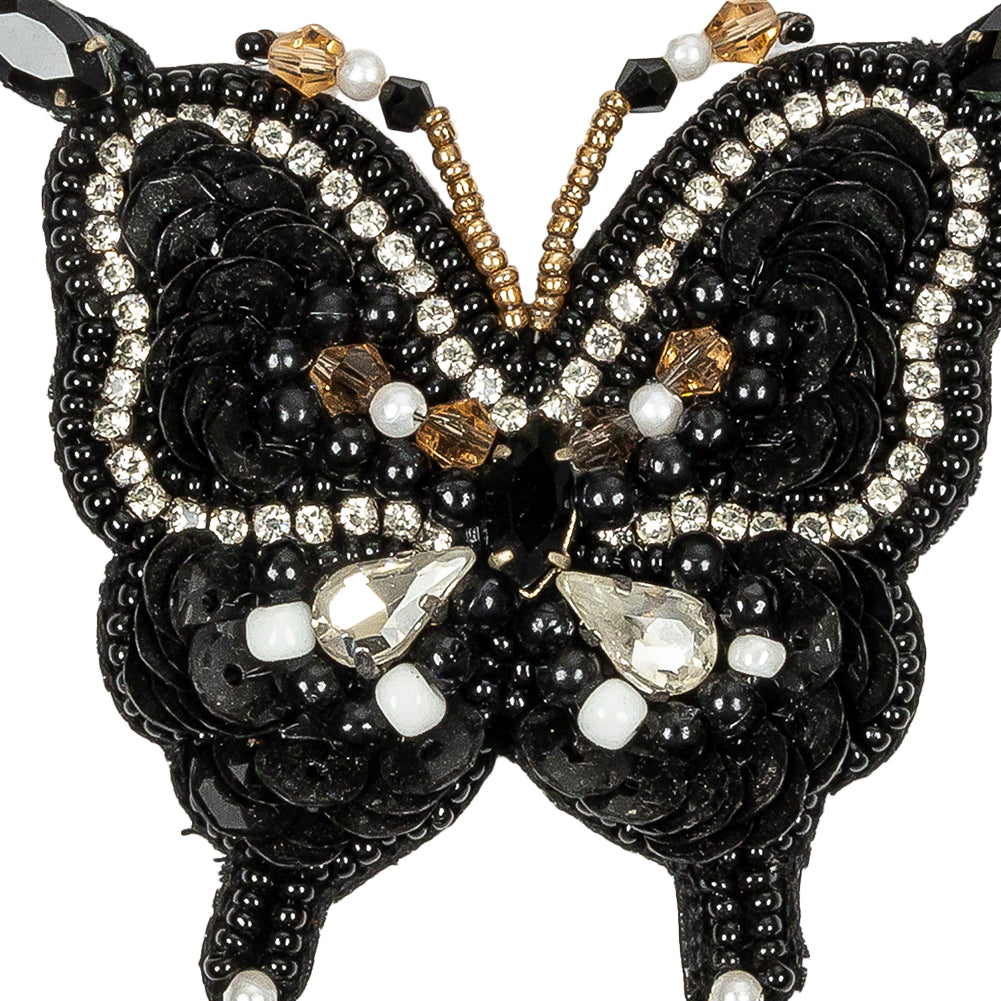 Black and Gold Butterfly Rhinestone and Glass Beaded Applique - 2.5