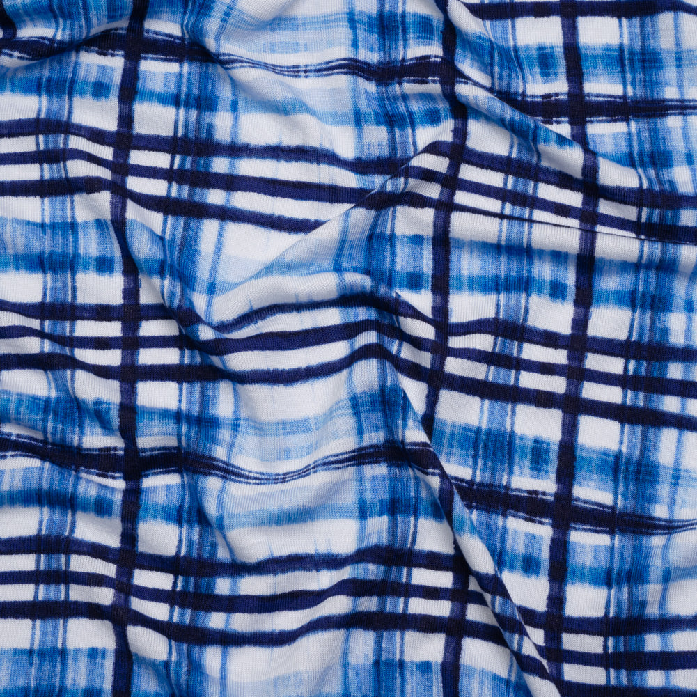 Stretch Rayon Jersey Print - Navy, Blue and White Painterly Plaid - Deadstock - Joann Fabrics