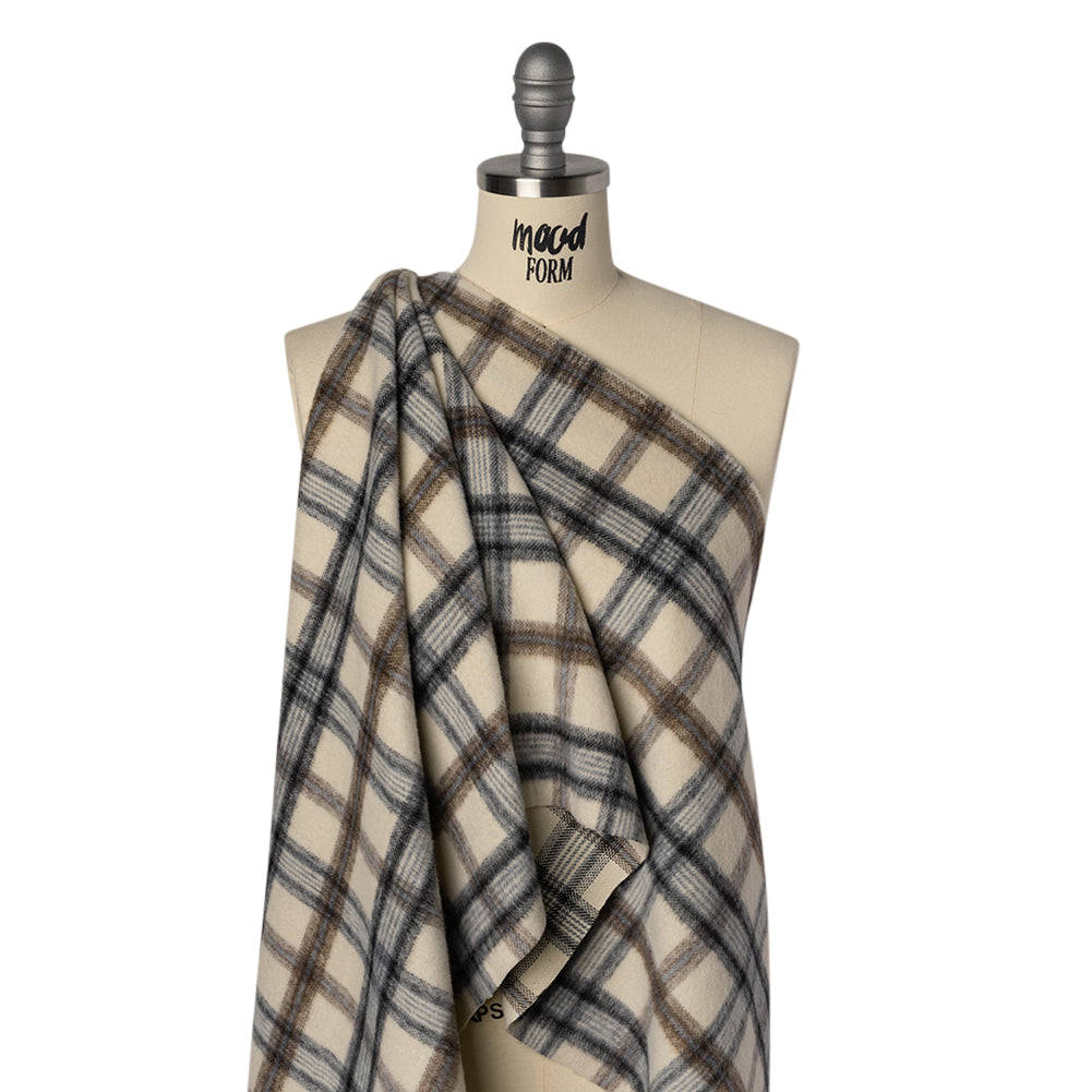 Brushed Wool Blend Twill Tweed - Black, Brown and Cream Beige Plaid - Joann Fabrics
