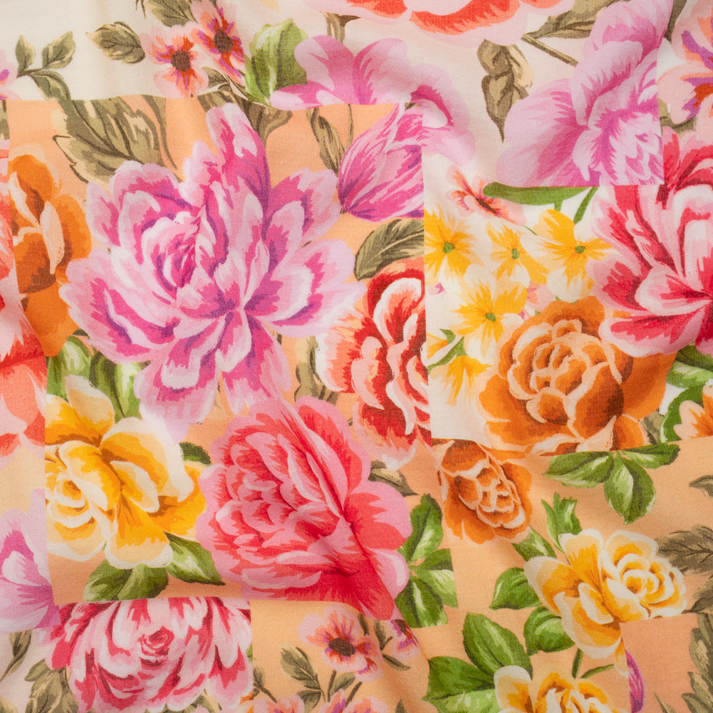 Cotton Crepe - Pink, Peachy Orange and Golden Yellow Patchwork Roses - Mood Exclusive Rosette Haze Print - Joann Fabrics