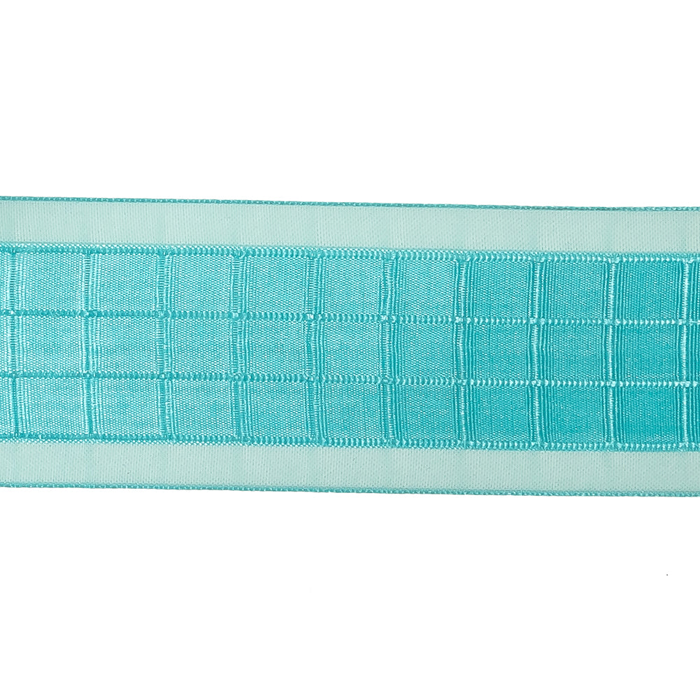 Turquoise Windowpane Checks and Sheer Borders Woven Ribbon - 1.5