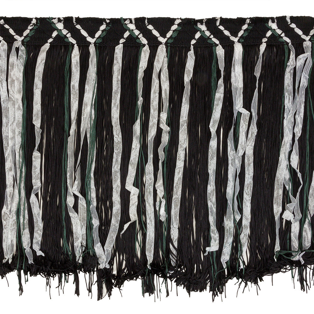 Black, Forest and White Chainette Fringe Trim with Ribbon Inclusions - 12.5