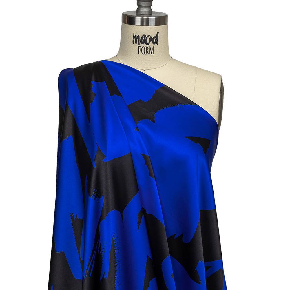 Mood Exclusive Italian Royal Blue and Black Brushstrokes Silk Charmeuse - Joann Fabrics