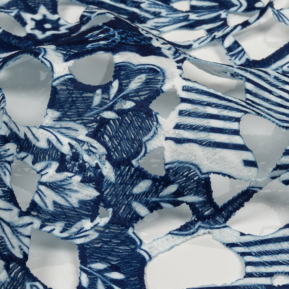 Printed Guipure Lace with Finished Edges - Dutch Blue and Brilliant White Stripes and Floral Border - Joann Fabrics