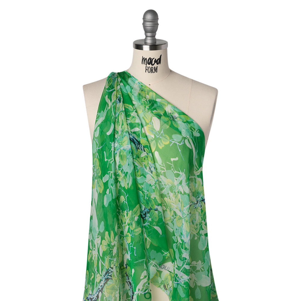 Silk Voile Print - Green and Blue Birds Among Leaves - Deadstock - Joann Fabrics