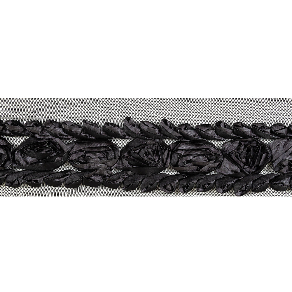 Shimmering Charcoal and Black Roses and Loops Fabric Embroidered Trim on Mesh - 1.875