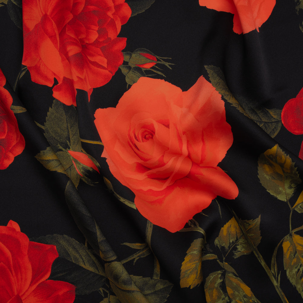 Silk Charmeuse Print 16MM, Made in Italy - Black, Red and Olive Green Roses and Stems - Joann Fabrics
