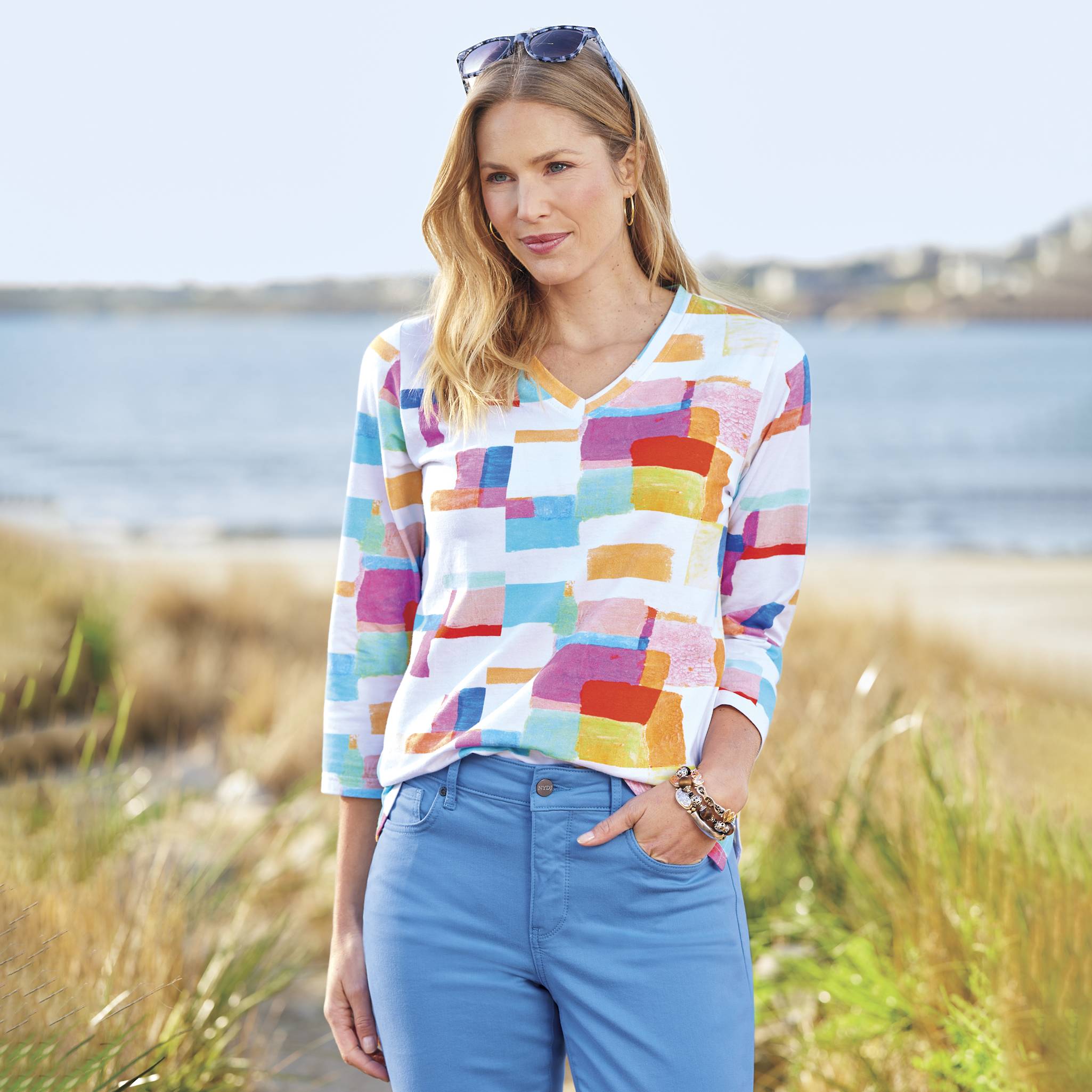 Abstract Geo-Print Knit Top, V-Neck, 3/4 Sleeves, Side Slits - Northstyle Catalog