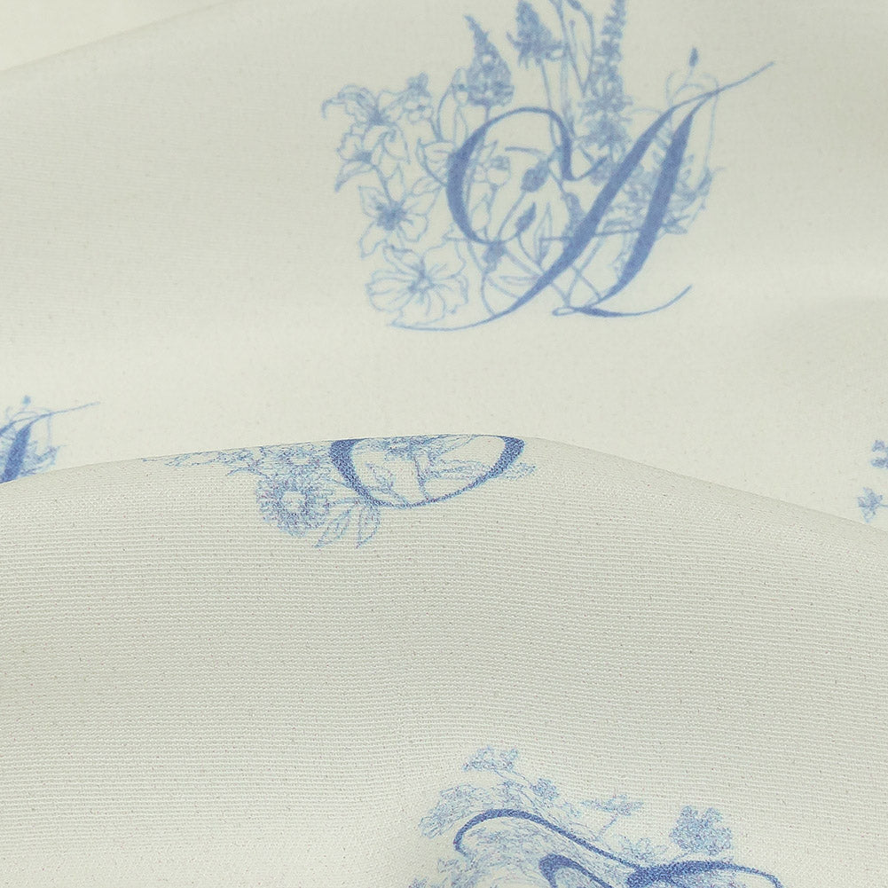Sustainable Viscose Woven Print - White and Blue Floral Calligraphic Script - Mood Exclusive ABC Bouquet - Joann Fabrics