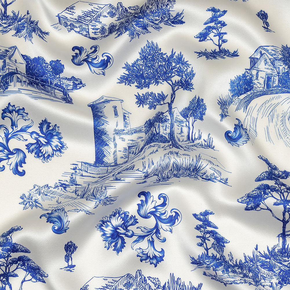Mood Exclusive Italian Blue and Cloud Dancer Elegant Toile Silk Charmeuse - Joann Fabrics