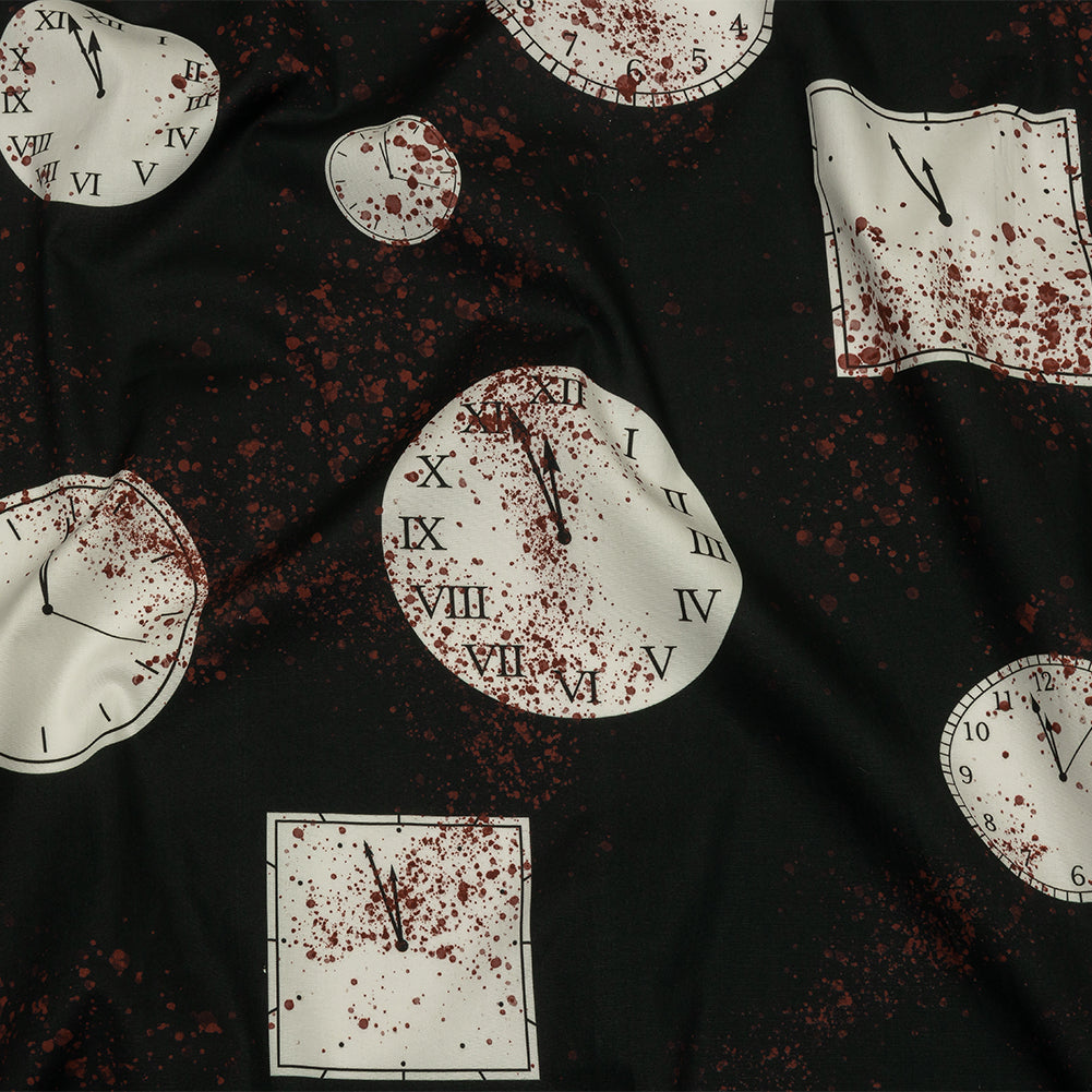 Stretch Cotton Poplin - Clocks and Blood Splatter - The Masque Print - Mood Exclusive Nevermore Collection - Joann Fabrics