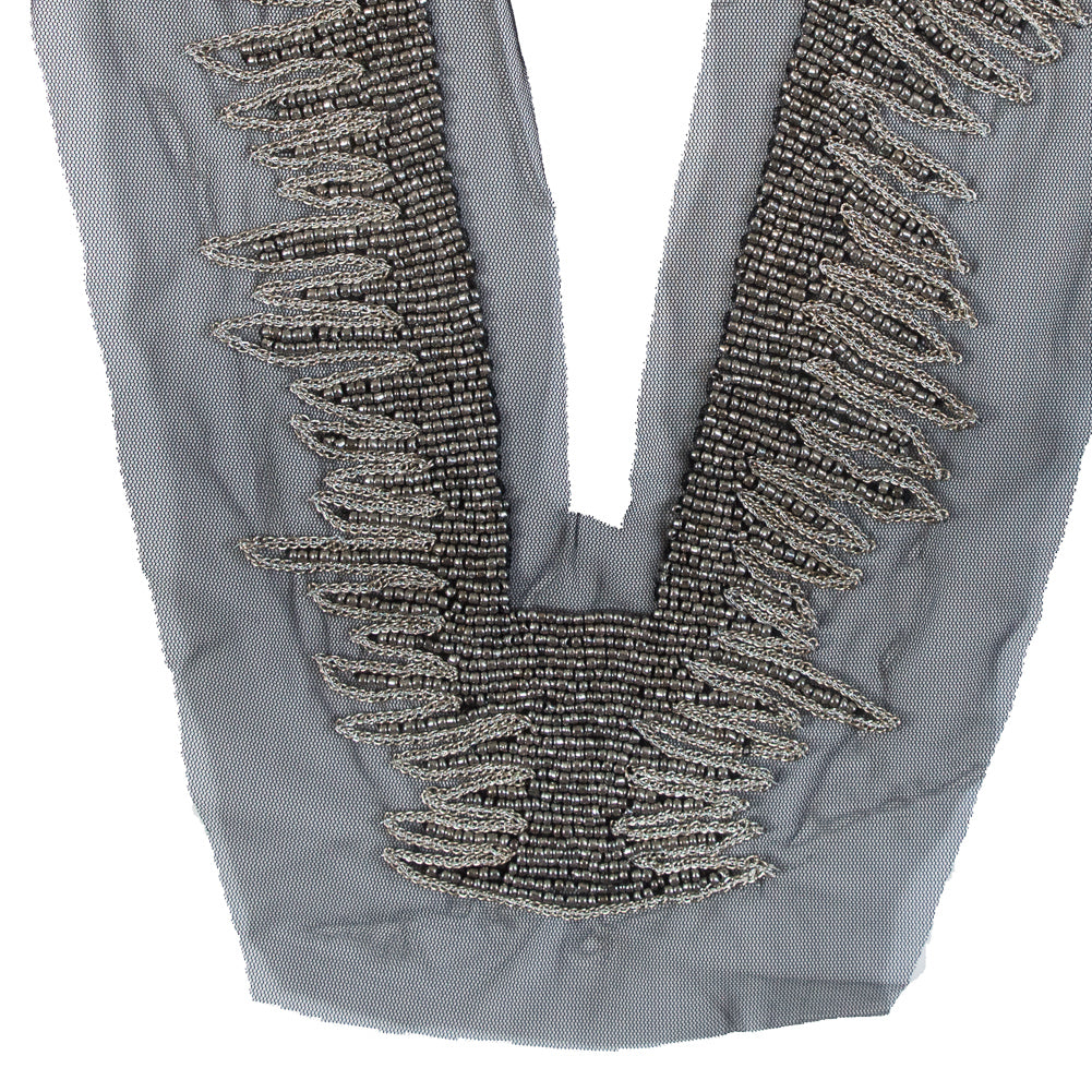 Italian Gunmetal Beaded Neckline Applique on Black Mesh - 13
