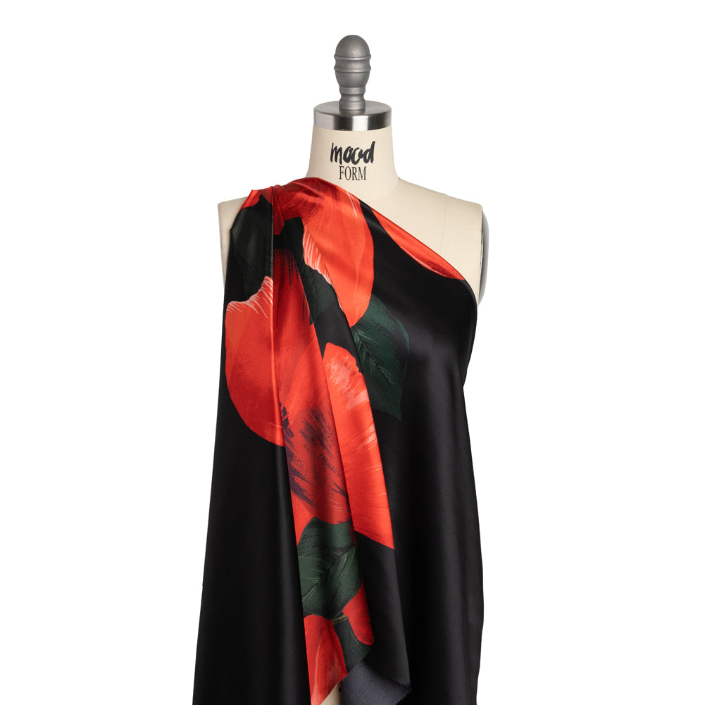 Silk Charmeuse Print - Black, Red and Green Big Poppies - Made in Italy - Joann Fabrics