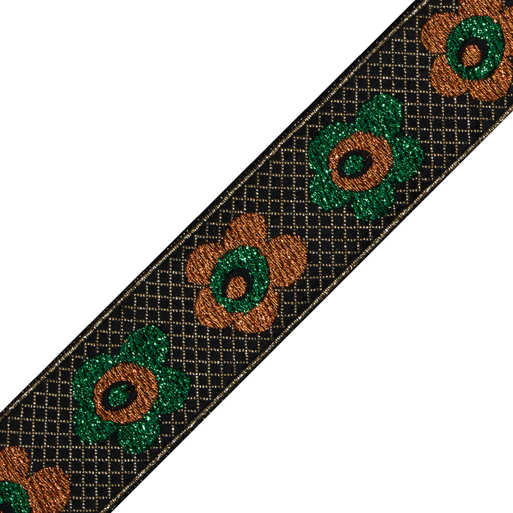 Green and Orange Metallic Floral Jacquard Ribbon - 1.25