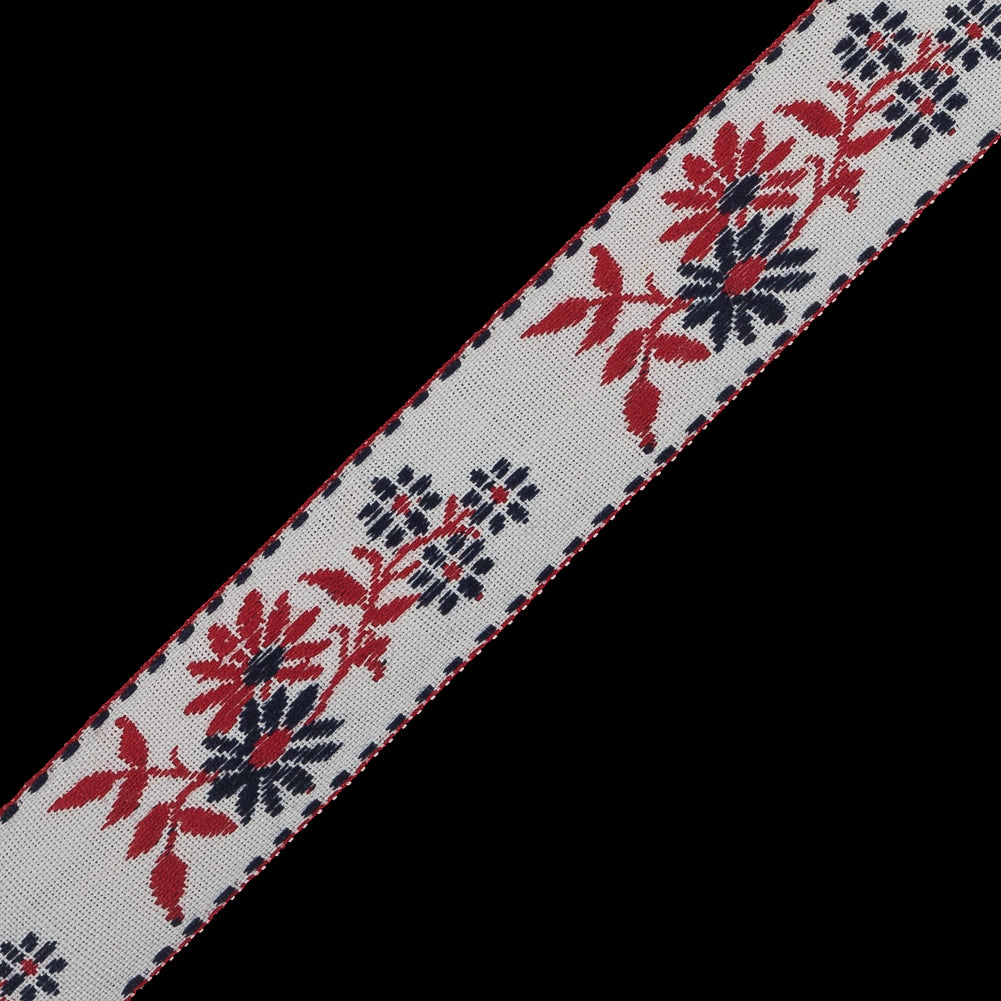 Red, White and Blue Floral German Jacquard Ribbon - 0.875