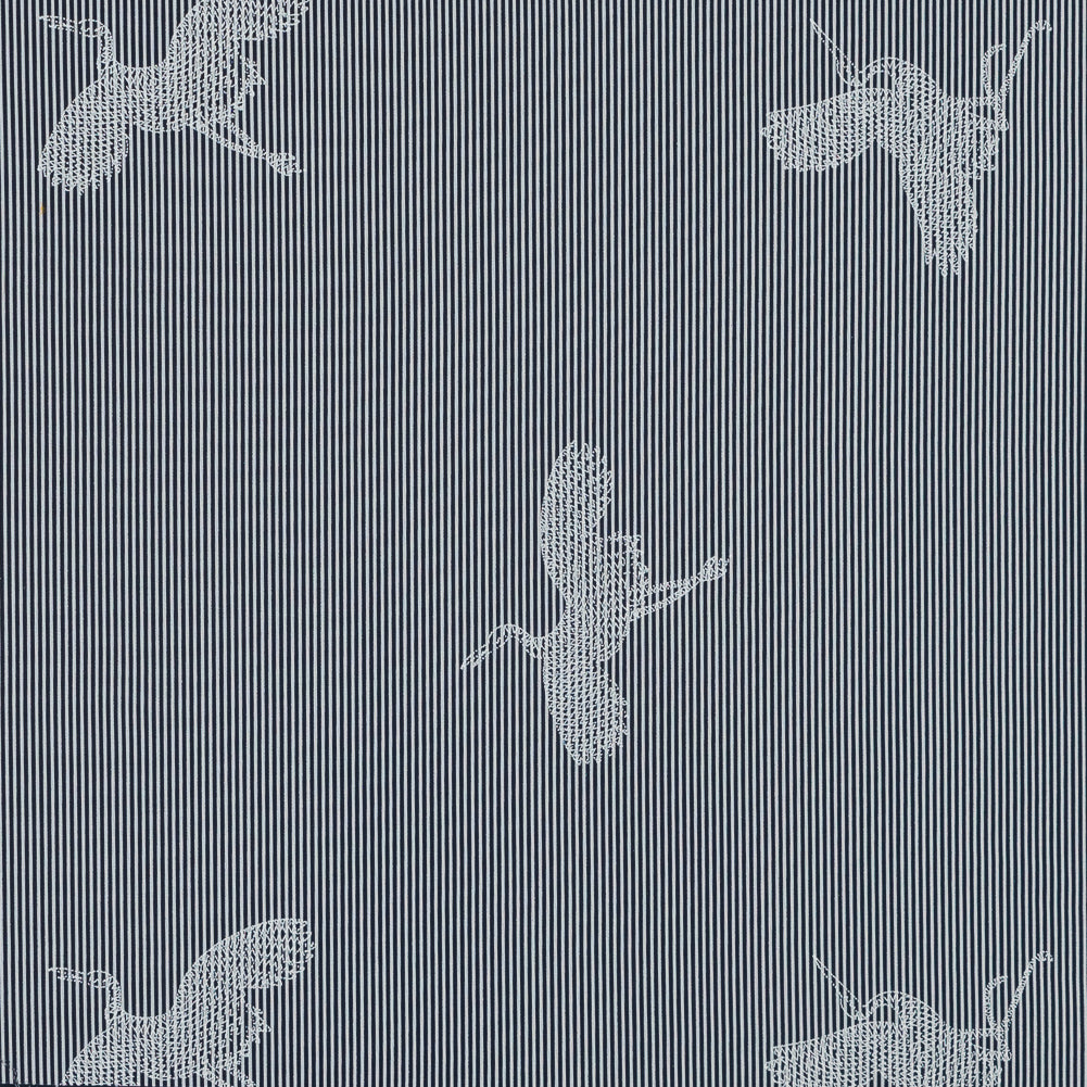 Navy and White Striped Cotton Poplin with Cranes - Joann Fabrics