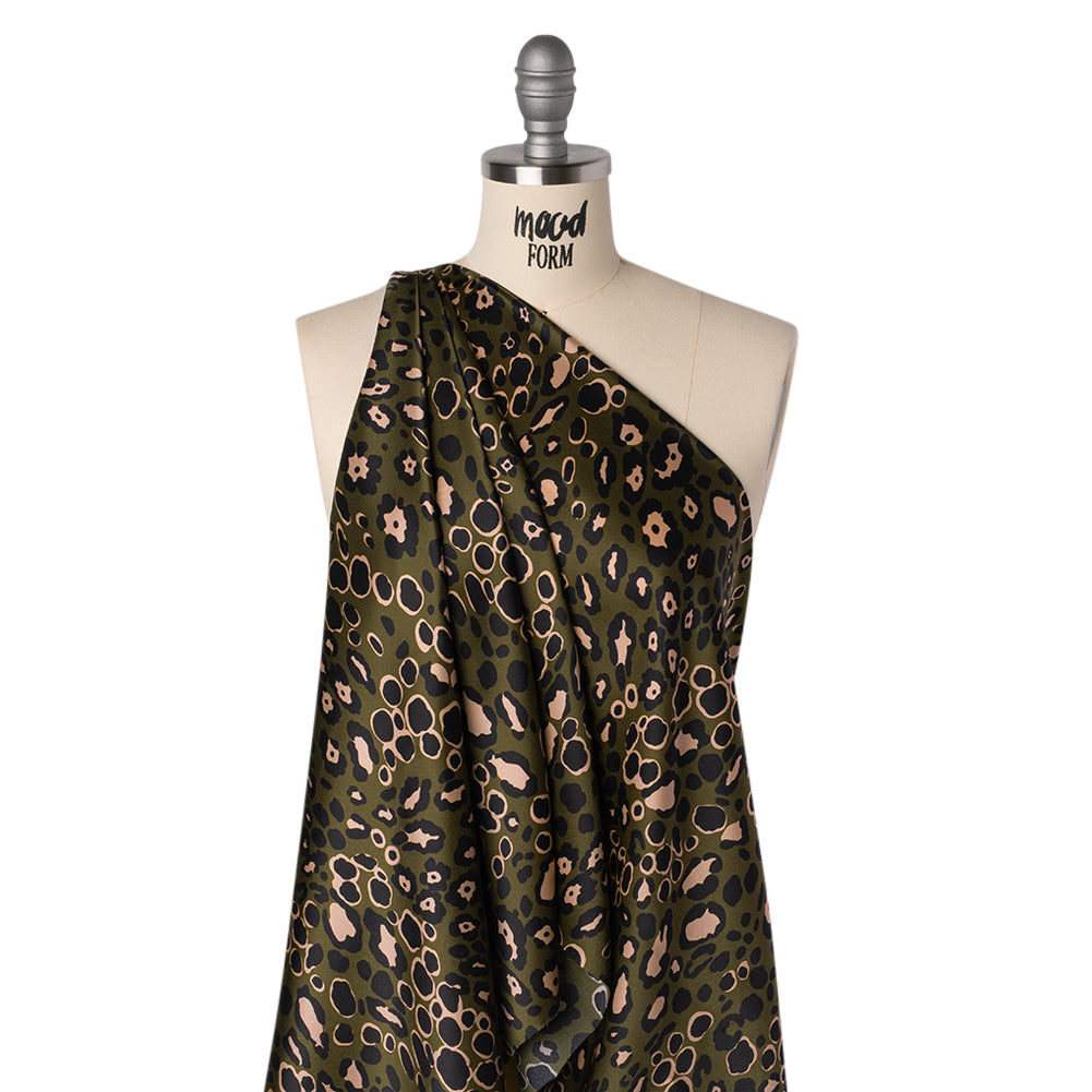 Silk Charmeuse Print 16MM, Made in Italy - Dark Olive Green, Beige and Black Animal Spots - Joann Fabrics
