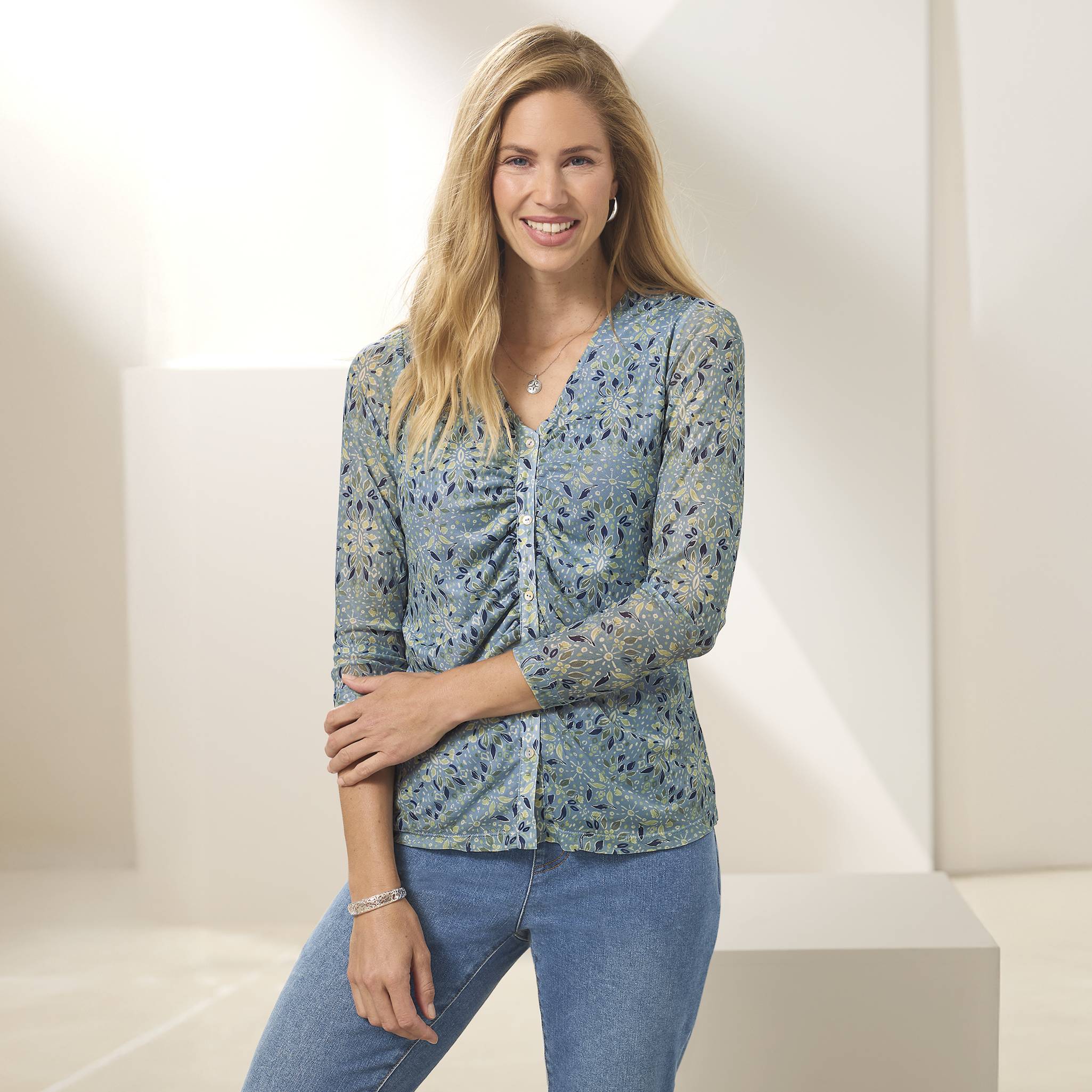 Floral Foulard Mesh Top, Button Front, V-Neck, 3/4 Sleeves - Northstyle Catalog