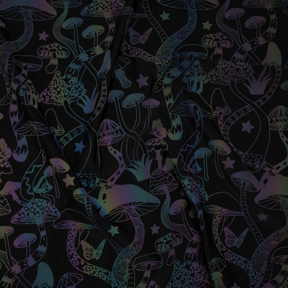 Reflective Print Spandex Knit with 4-Way Stretch - Rainbow and Black Mushrooms - Joann Fabrics