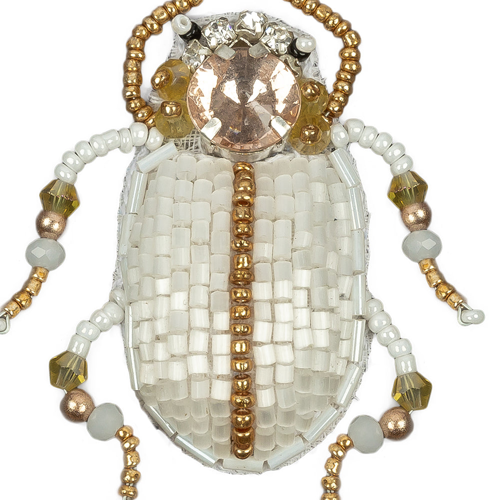 Metallic Gold and Satin White Beetle Rhinestone and Glass Beaded Applique - 2.25