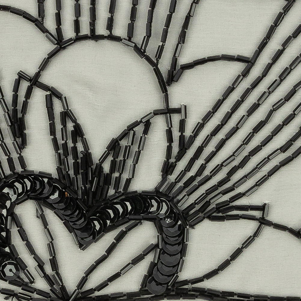 Vintage Black Floral Lines Left Glass Beaded Sheer Panel Applique - 7.5