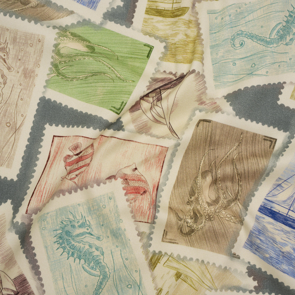 Brushed Cotton Woven - Blue, Green and Beige Ocean Scene Stamp Collection - Mood Exclusive Seaside Stamps Print - Joann Fabrics