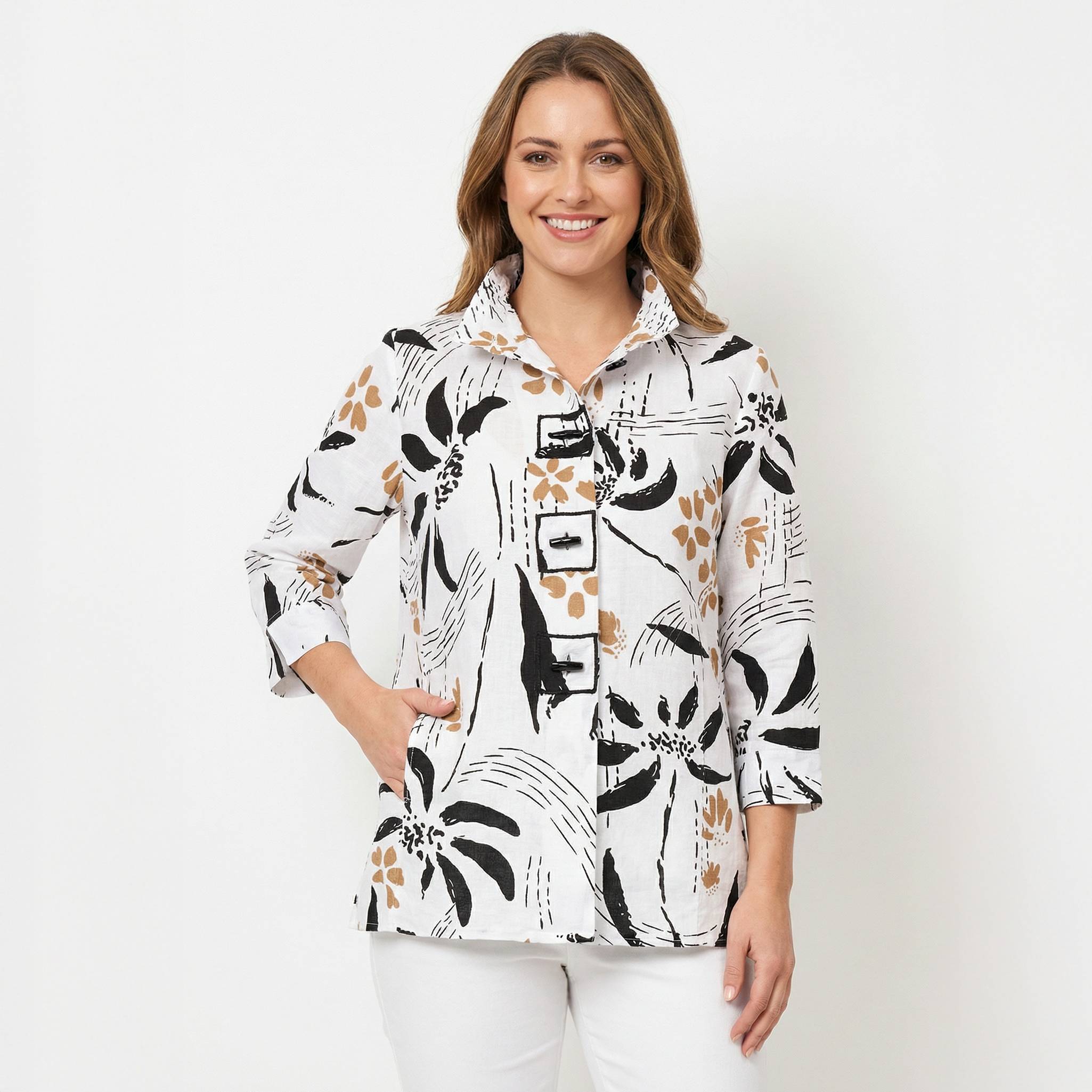Abstract Floral Button-Front Shirt, Wired Collar, 3/4 Sleeves - Northstyle Catalog