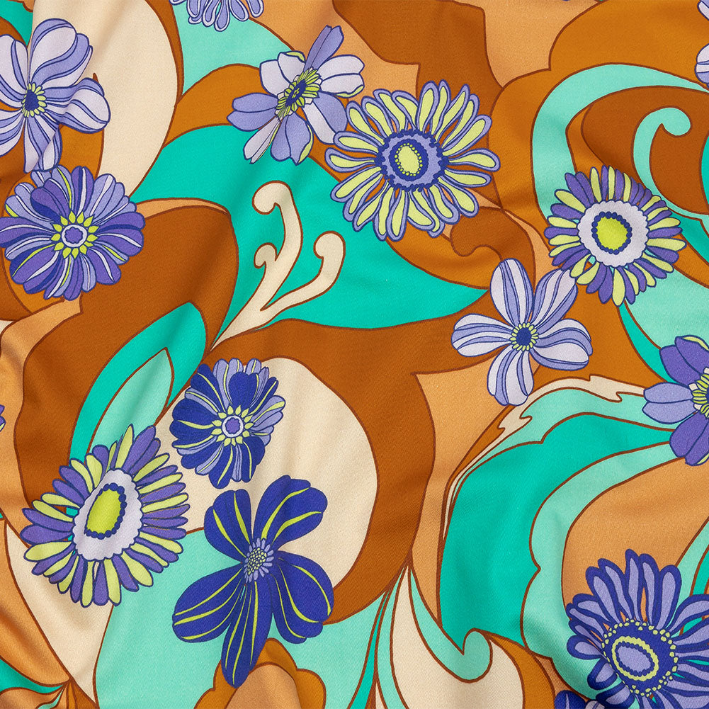 Stretch Cotton Sateen - Burnt Orange Swirls and Florals - Float Away Print - Mood Exclusive Groove Collection - Joann Fabrics