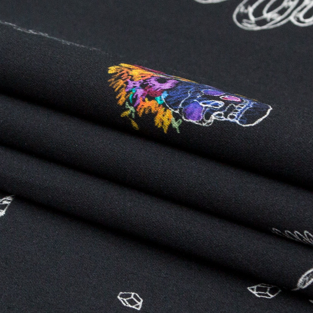 Stretch Cotton Sateen - Black and Multicolor Skulls and Snakes - Lover's Farewell Print - Mood Exclusive Crow Collection - Joann Fabrics