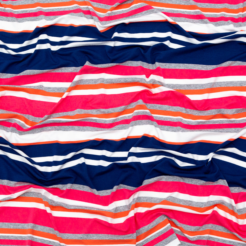 Coral, Navy and Optic White Barcode Striped Rayon Jersey - Joann Fabrics