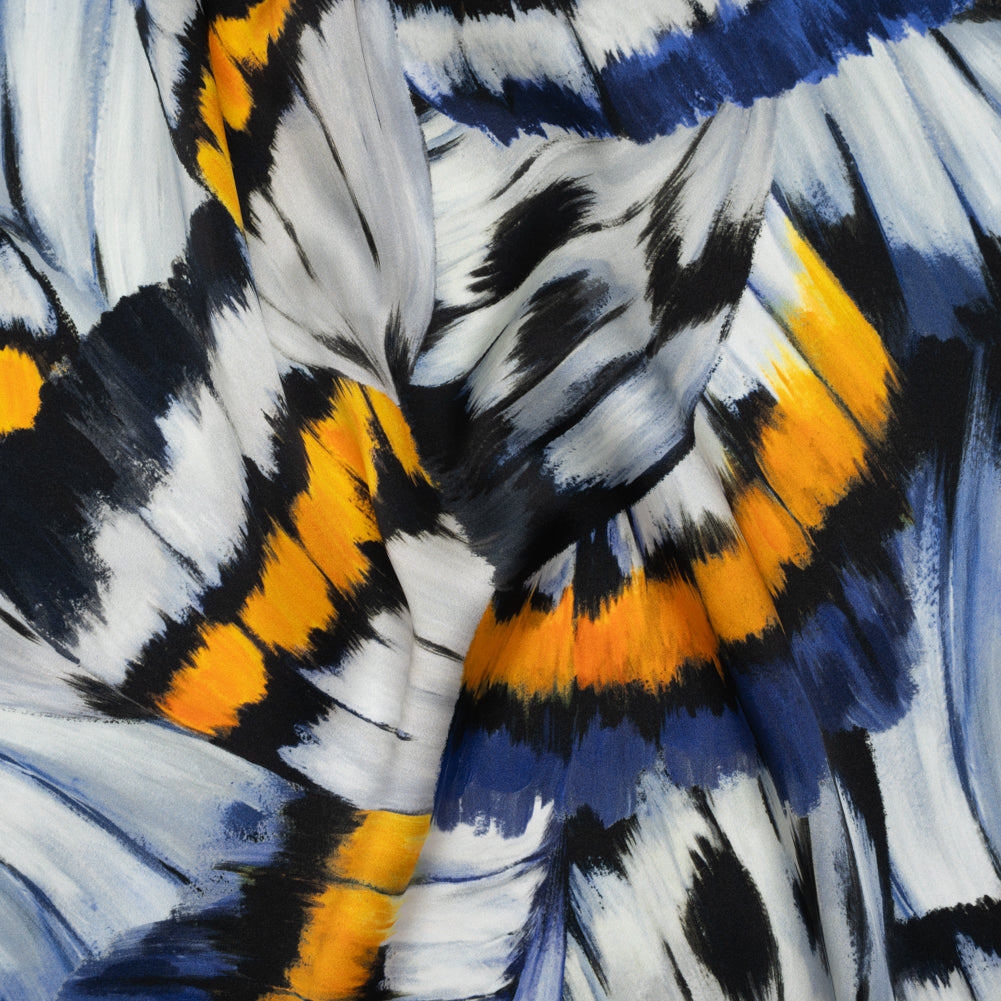 Silk Charmeuse Print 16MM, Made in Italy - Golden Yellow, Navy Blue and Light Gray Butterfly Wings - Joann Fabrics