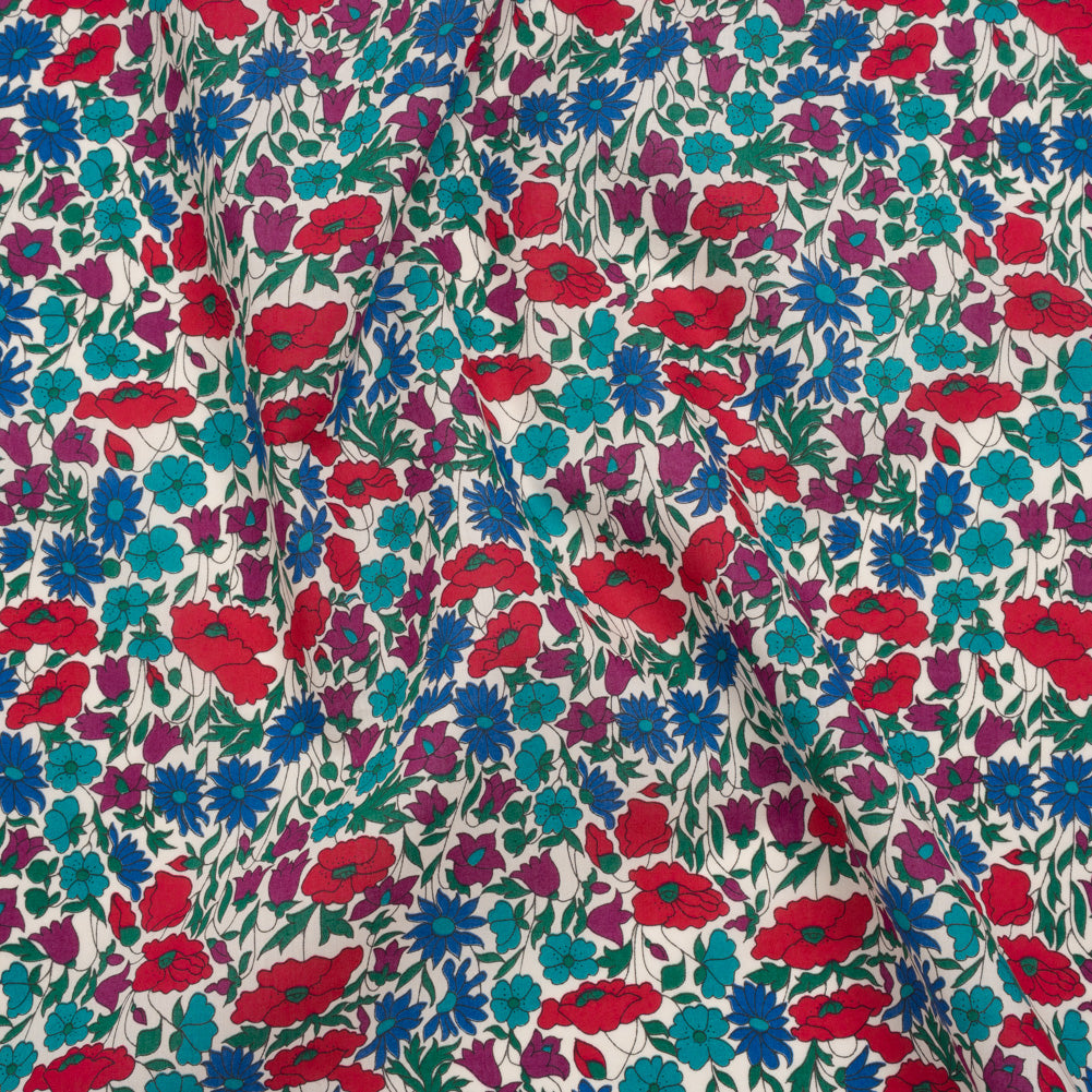 Liberty Fabrics Tana Lawn® - Poppy & Daisy Blue Turquoise - Red, Fuchsia and Bright Blue Fine Lined Illustrated Florals - Joann Fabrics