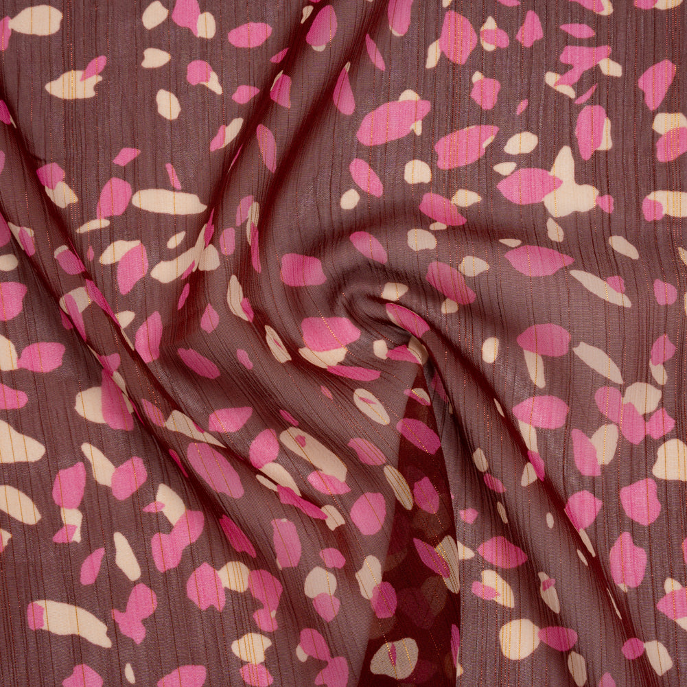 Crinkled Polyester Chiffon Print with Metallic Pinstripes - Burgundy, Pink and Cream Abstract Spots - Designer Deadstock - Joann Fabrics