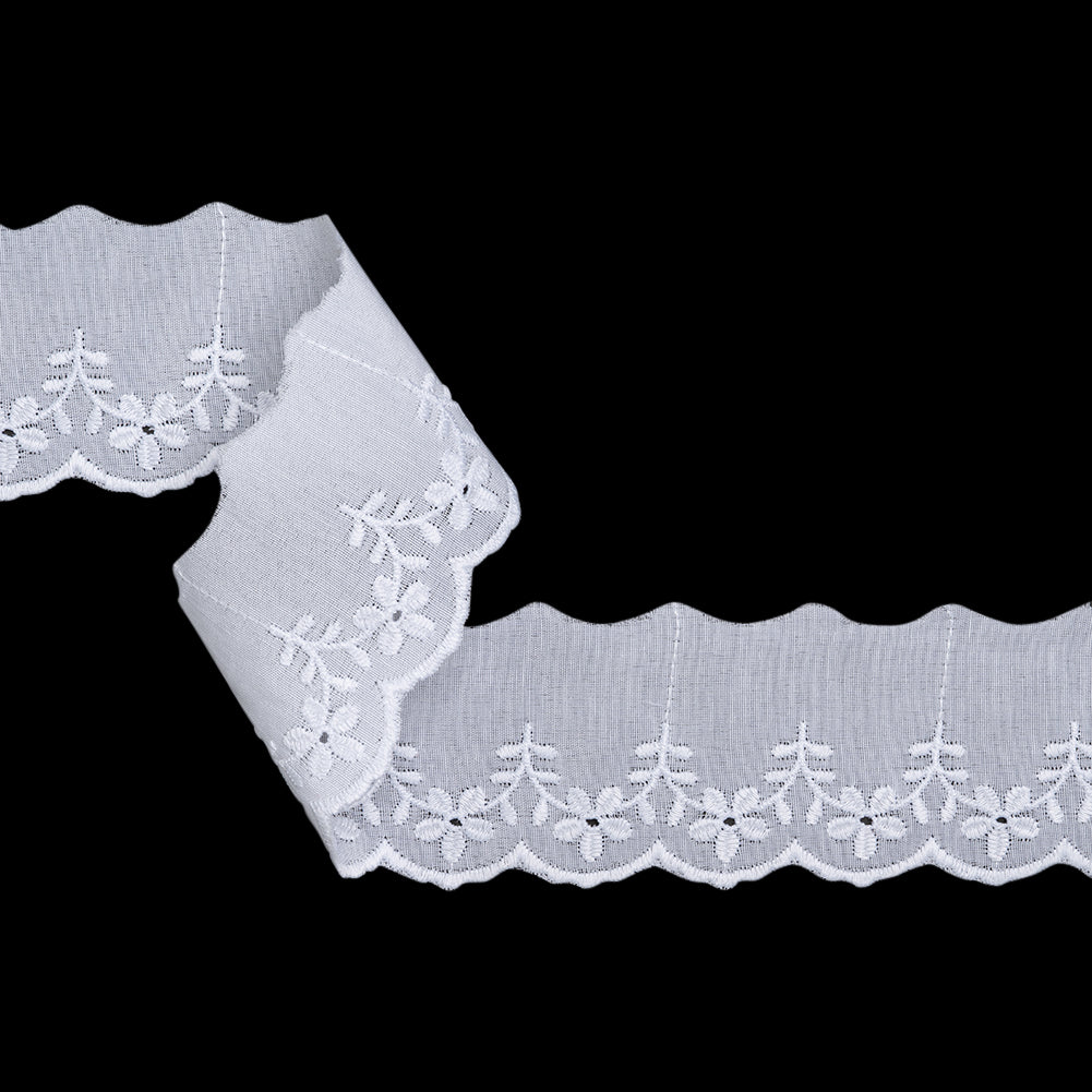 Cotton and Polyester Embroidered Eyelet Lace Trim with One Finished Scalloped Edge - 2.25