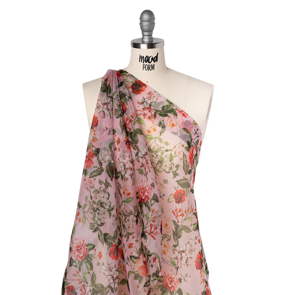 Silk Organza Print Made in Italy - Baby Pink, Coral and Green Floral - Deadstock - Joann Fabrics