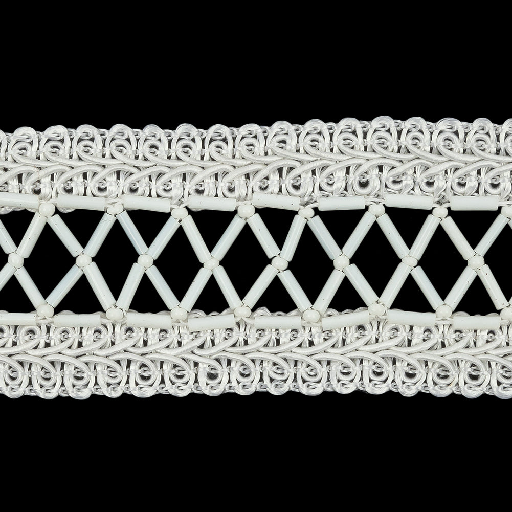 Vintage White and Ivory Lattice Window Rectangular Beaded and Braided Applique - 7.75