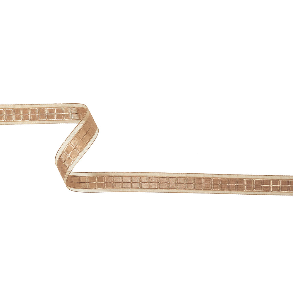 Gilded Beige Windowpane Checks and Sheer Borders Woven Ribbon - 0.625