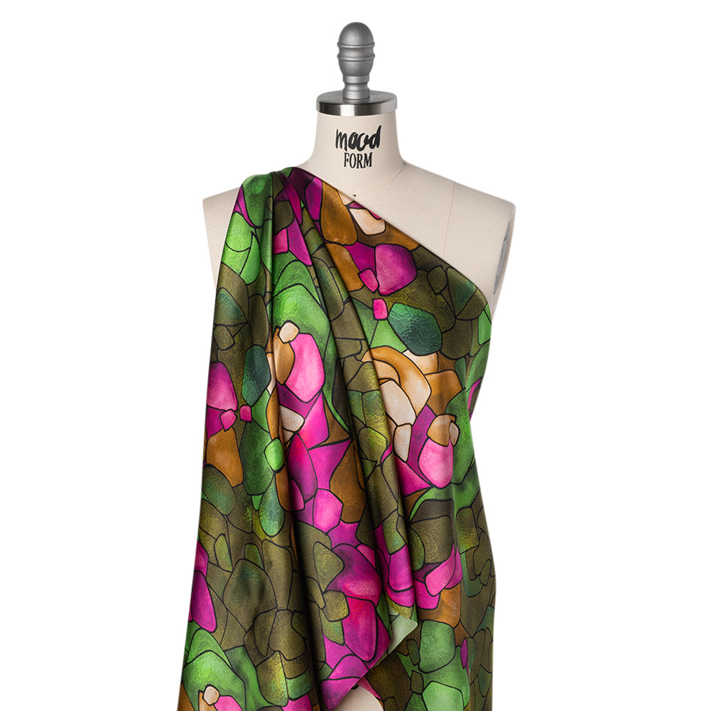 Silk Charmeuse Print 16MM, Made in Italy - Olive Green, Tan and Bright Pink Stained Glass Roses - Joann Fabrics