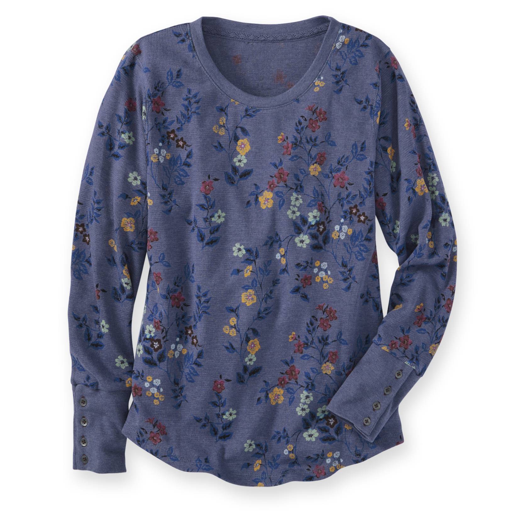 Floral-Print Waffle Crewneck Top, Long Sleeves, Button Cuffs - Northstyle Catalog