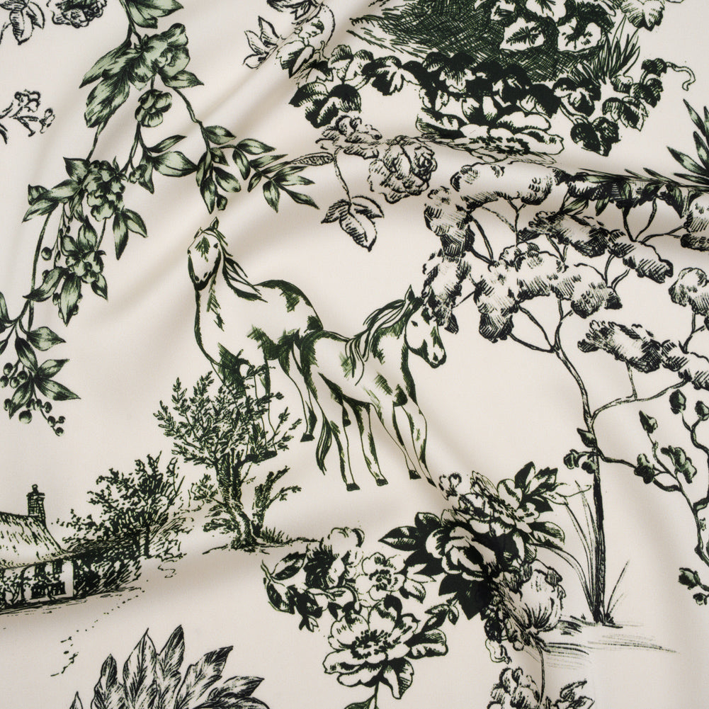Polyester Satin - White and Green Plants and Horses - Mood Exclusive Bridle and Branch Print - Joann Fabrics