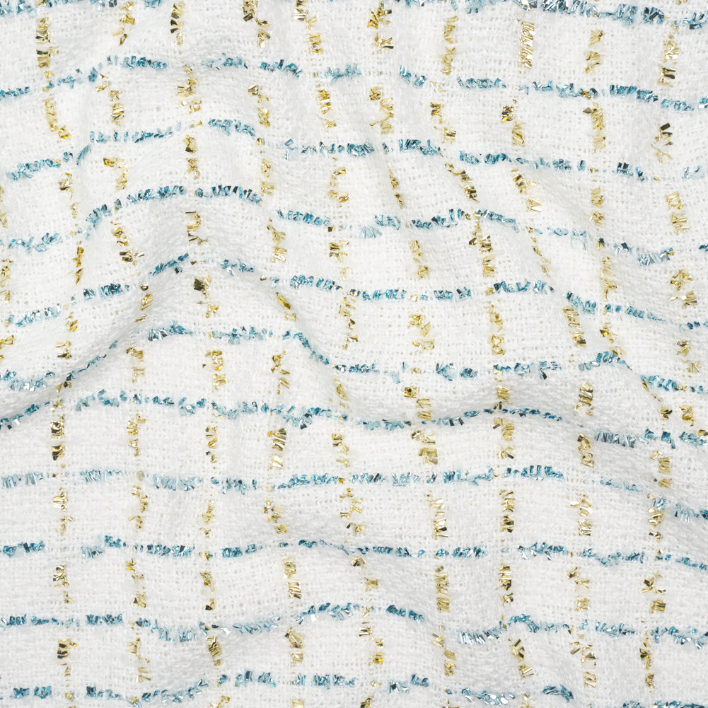 Polyester Boucle Tweed with Plaid Metallic Eyelash Fringe - White, Sky Blue and Gold - Deadstock - Joann Fabrics