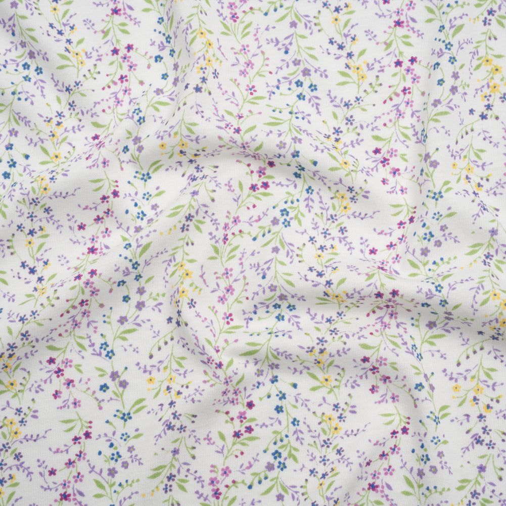 Cotton and Rayon Jersey Print - Purple, Blue and Green Little Floral Vines on White - Deadstock - Joann Fabrics