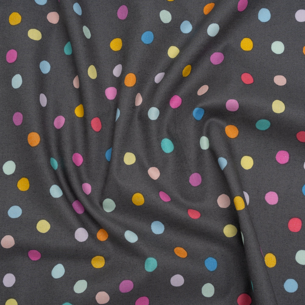 Printed Quilting Cotton by Ghazal Razavi for FIGO Studio - Gray and Rainbow Pom Poms - Dewfall Collection - Joann Fabrics