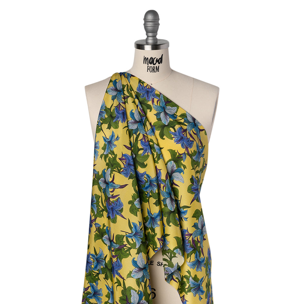Silk Crepe de Chine Print Made in Italy - Lemon Yellow, Blue and Green Lilies - Deadstock - Joann Fabrics