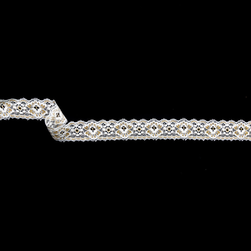 European White and Metallic Gold Stretch Lace Trim with Double Scalloped Edges - 1.25