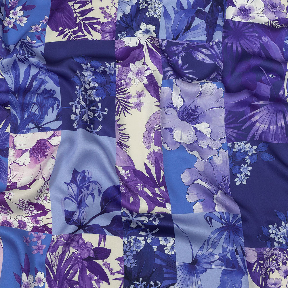 Rayon Challis - Purple Floral Patchwork - Periwinkle Patch Print - Mood Exclusive Indigo Collection - Joann Fabrics