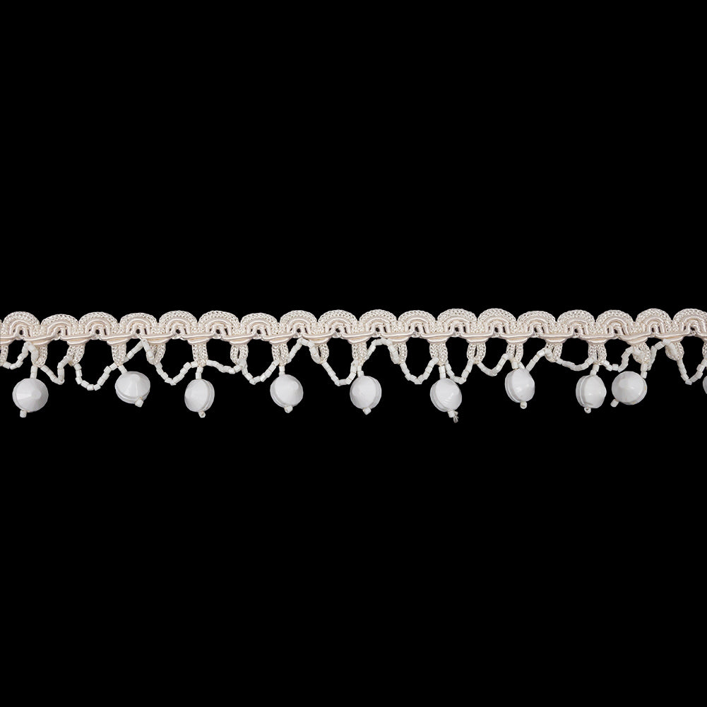 Vintage White Faceted and Seed Beaded Loops Fringe on Ivory Braided Trim - 1.25